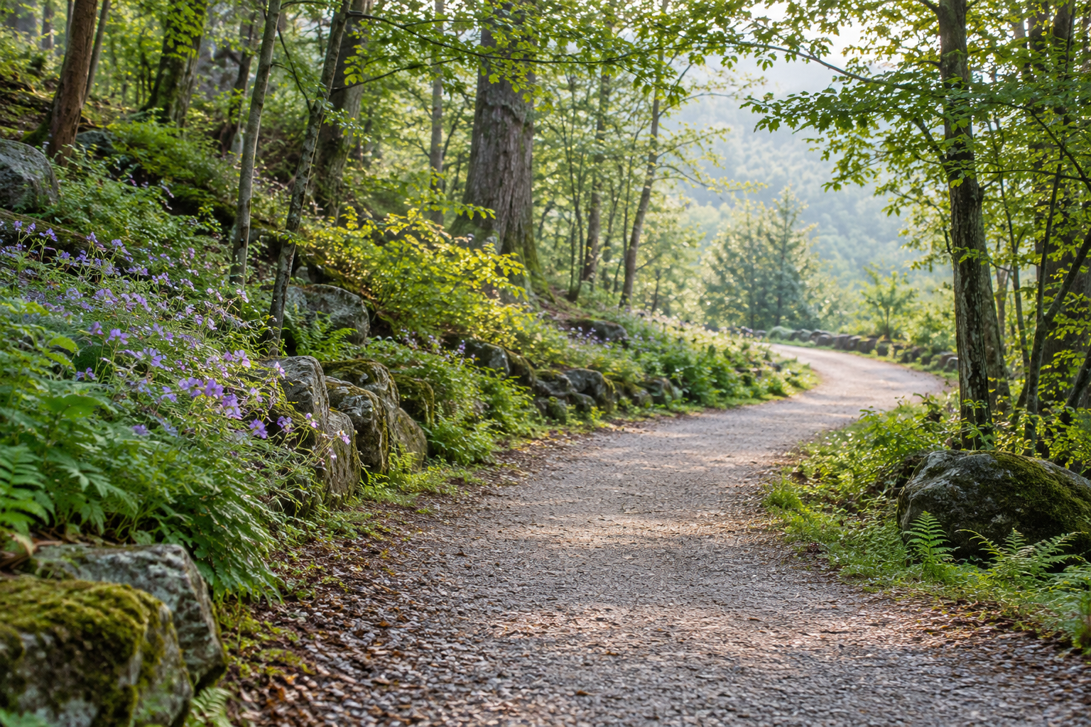 A gently winding woodland path edged with purple flowers